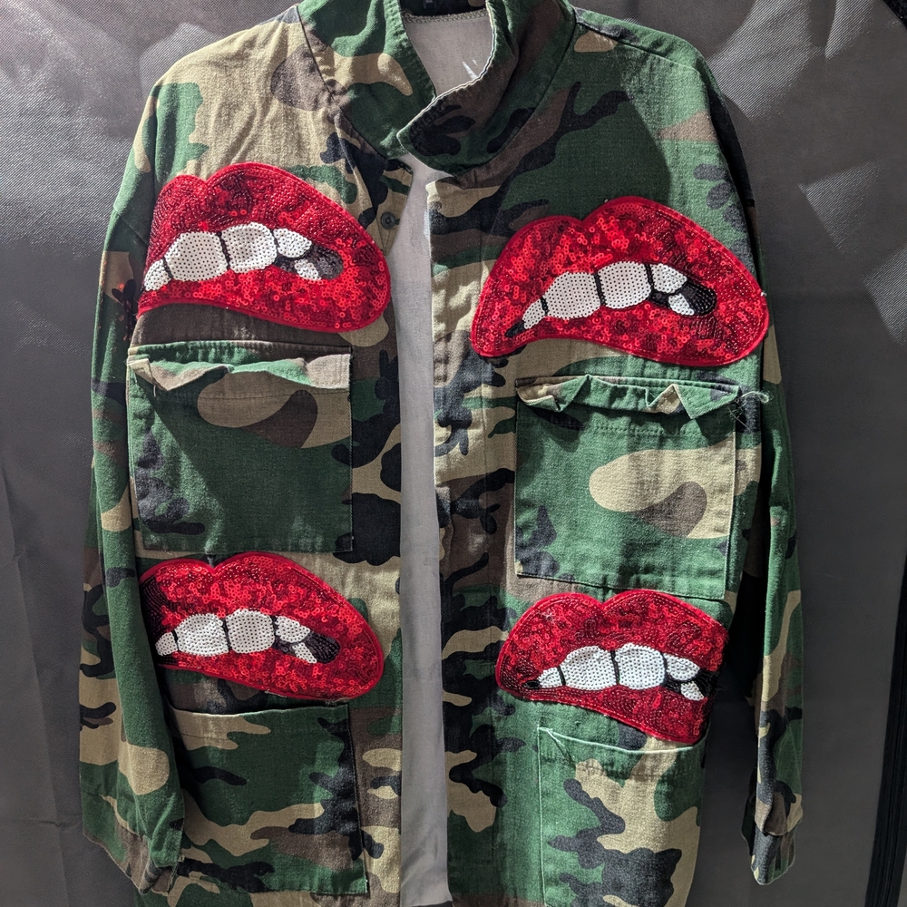 Camouflage Jacket with Red Sequin Lips